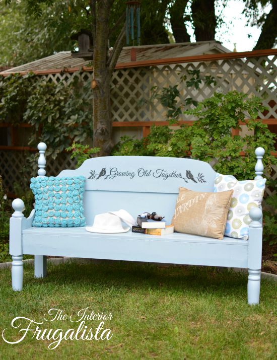 This adorable blue painted outside bench has that farmhouse feel.