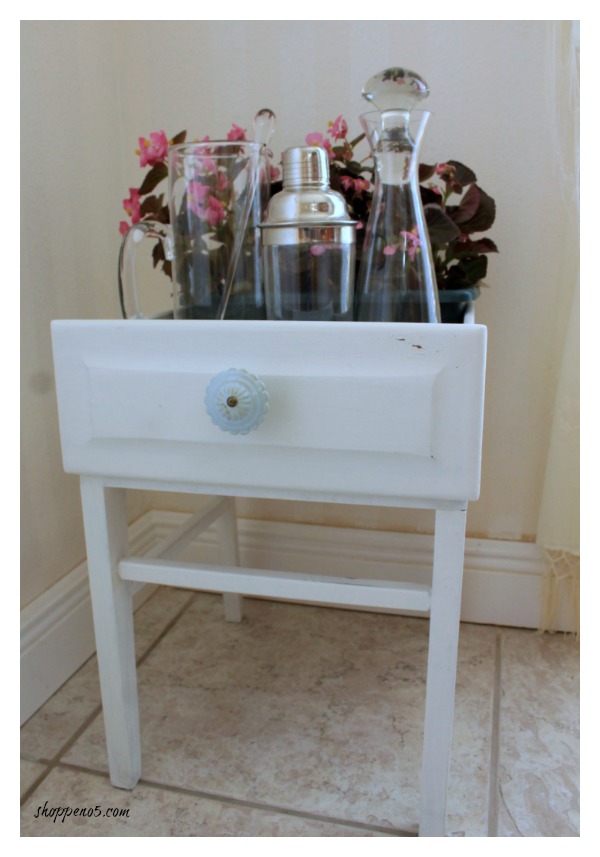 This re-purposed dresser drawer makes the perfect mini bar area.
