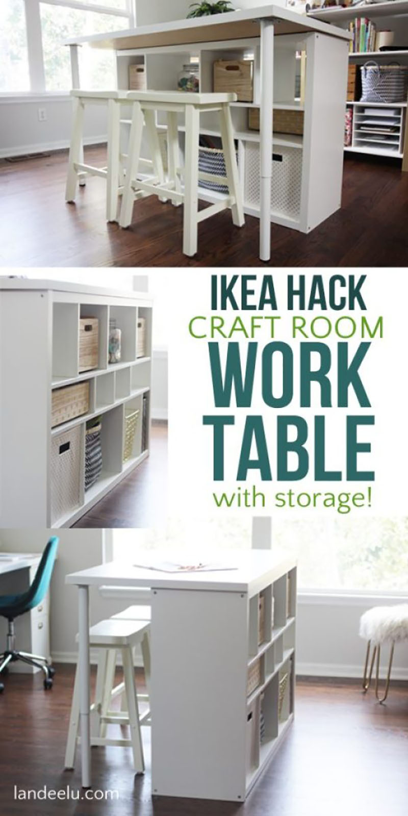 This IKEA Hack Craft Room Work Table is a must have by all Crafters. Budget Friend, Easy to make and Looks GREAT!