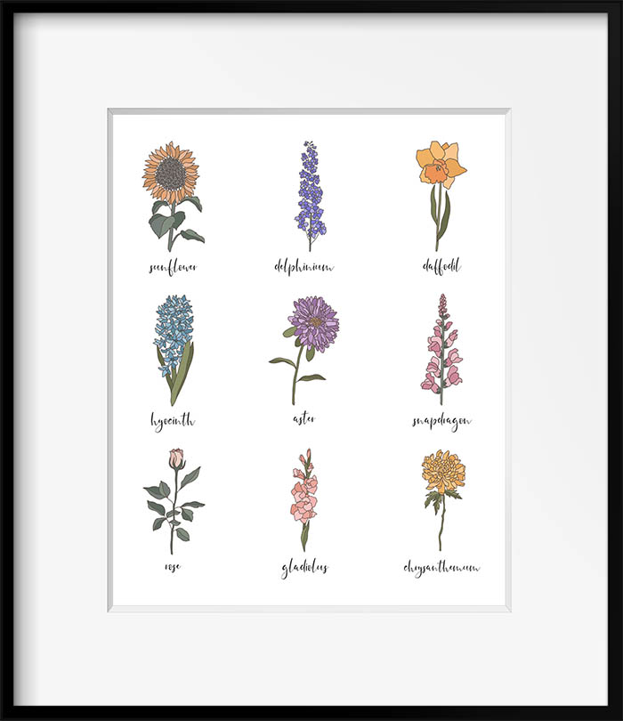 This Free Printable Farmhouse Flower Sampler comes in 4 different Styles, vintage, weathered wood, chalkboard and white. One of them will be perfect for your Farmhouse Home. A Sweet Botanical Touch!