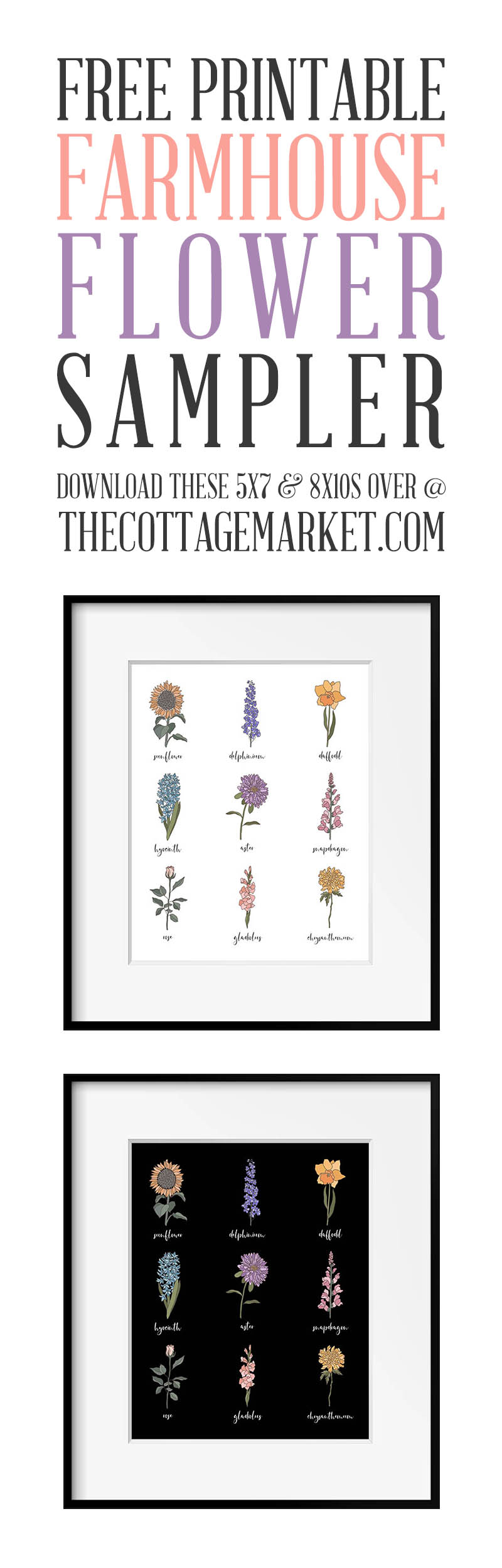 This Free Printable Farmhouse Flower Sampler comes in 4 different Styles, vintage, weathered wood, chalkboard and white. One of them will be perfect for your Farmhouse Home. A Sweet Botanical Touch!