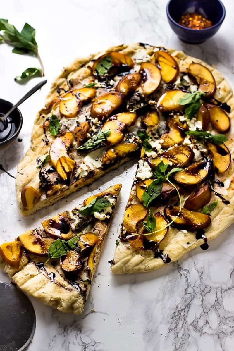 Grilled Peach Basil Goat Cheese Pizza