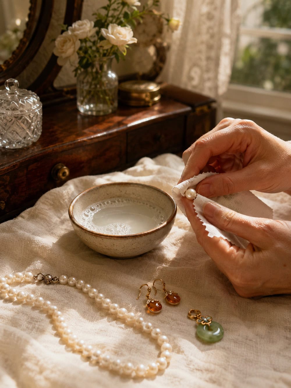 Pearls, Amber and Certain Delicate Gemstones surface that should not be cleaned with vinegar from The Cottage Market