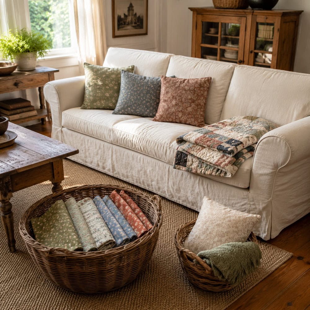 Throw pillows and blankets gathered for a cozy home decluttering session