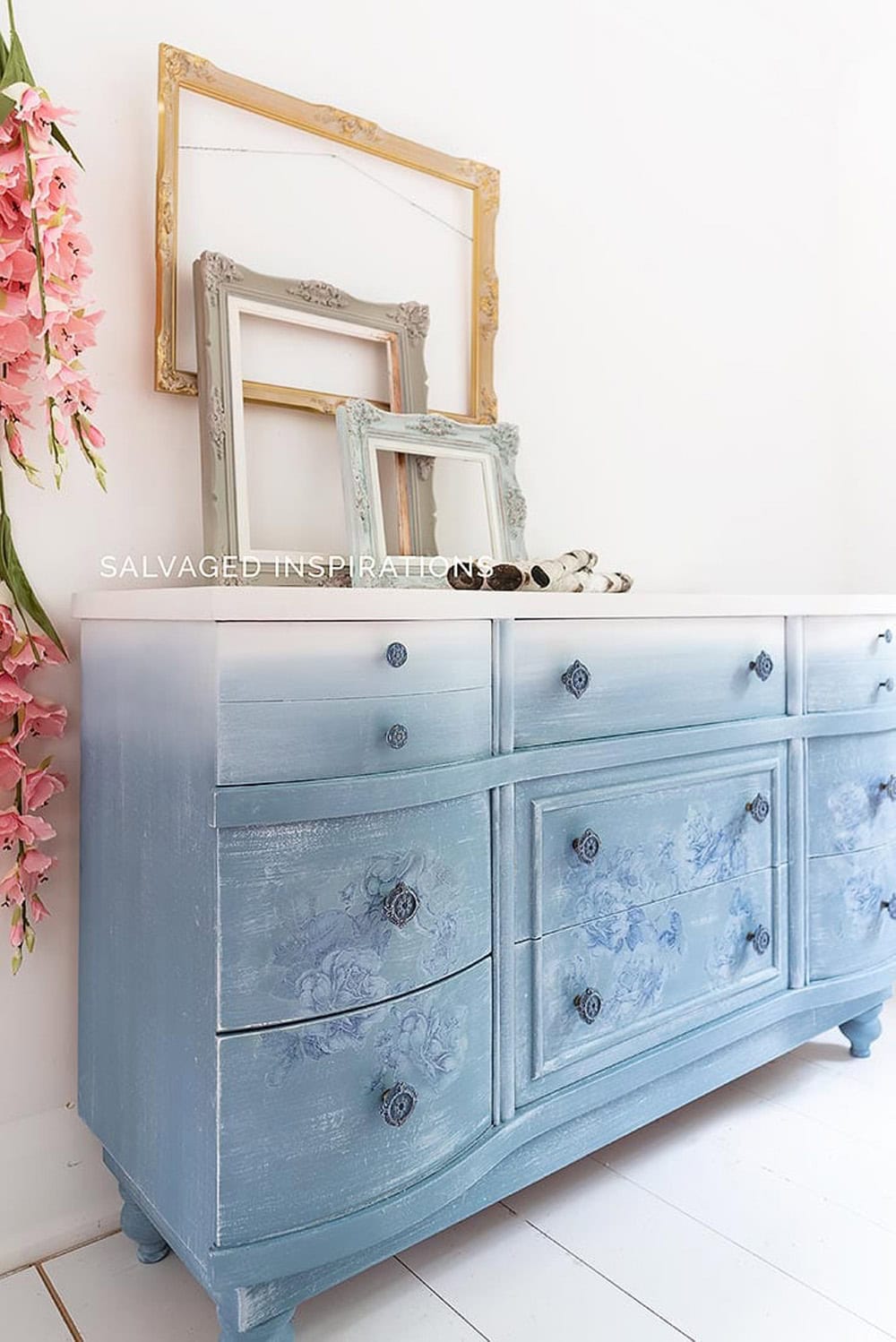Dusty Floral Painted Blue Dresser blue thrift store furniture makeover from The Cottage Market