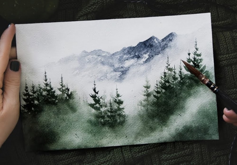 Learn to Paint Trees, Mist and Mountains watercolor tutorial for beginners