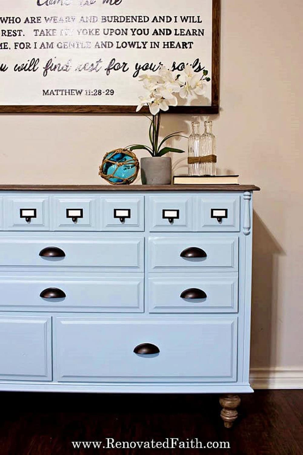 Coastal Blue Dresser Makeover blue thrift store furniture makeover from The Cottage Market