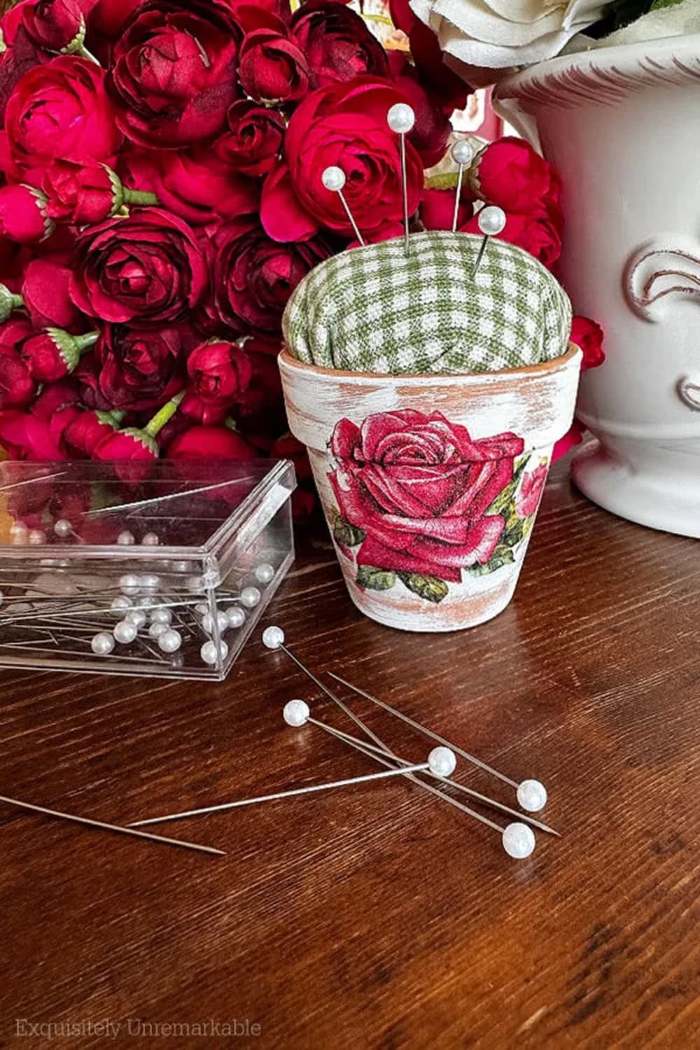 Tiny Thrift Store Frame Turned Into a Pincushion thrift store upcycle idea