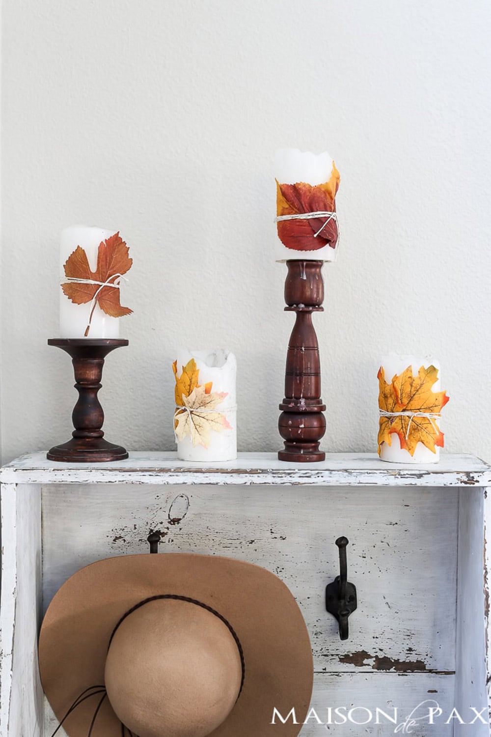 Fall Leaf Wrapped Candles easy fall decorating idea featured on The Cottage Market