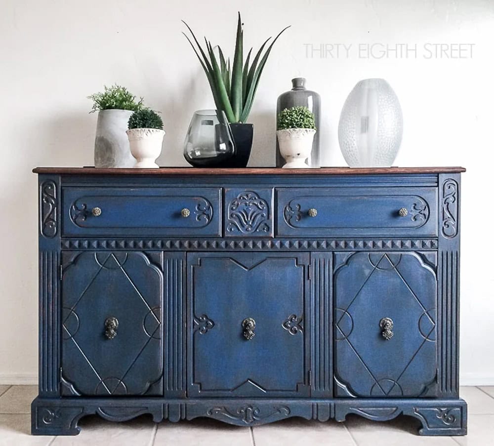 Blue Painted Buffet blue thrift store furniture makeover from The Cottage Market