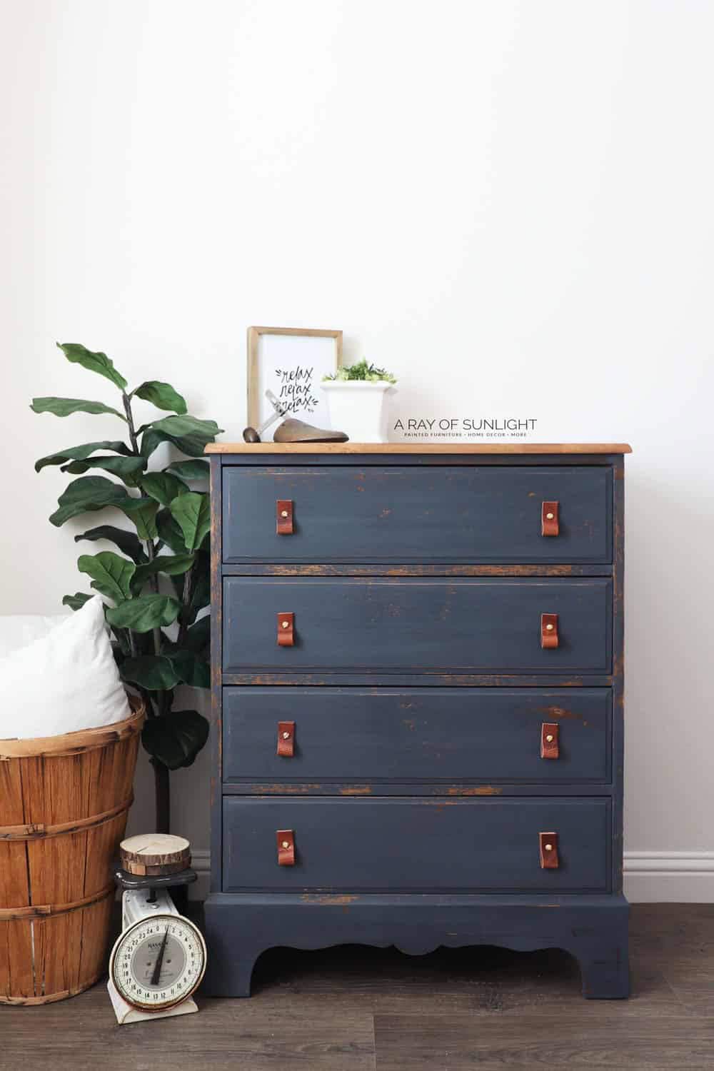 Navy Blue DIY Dresser Makeover blue thrift store furniture makeover from The Cottage Market