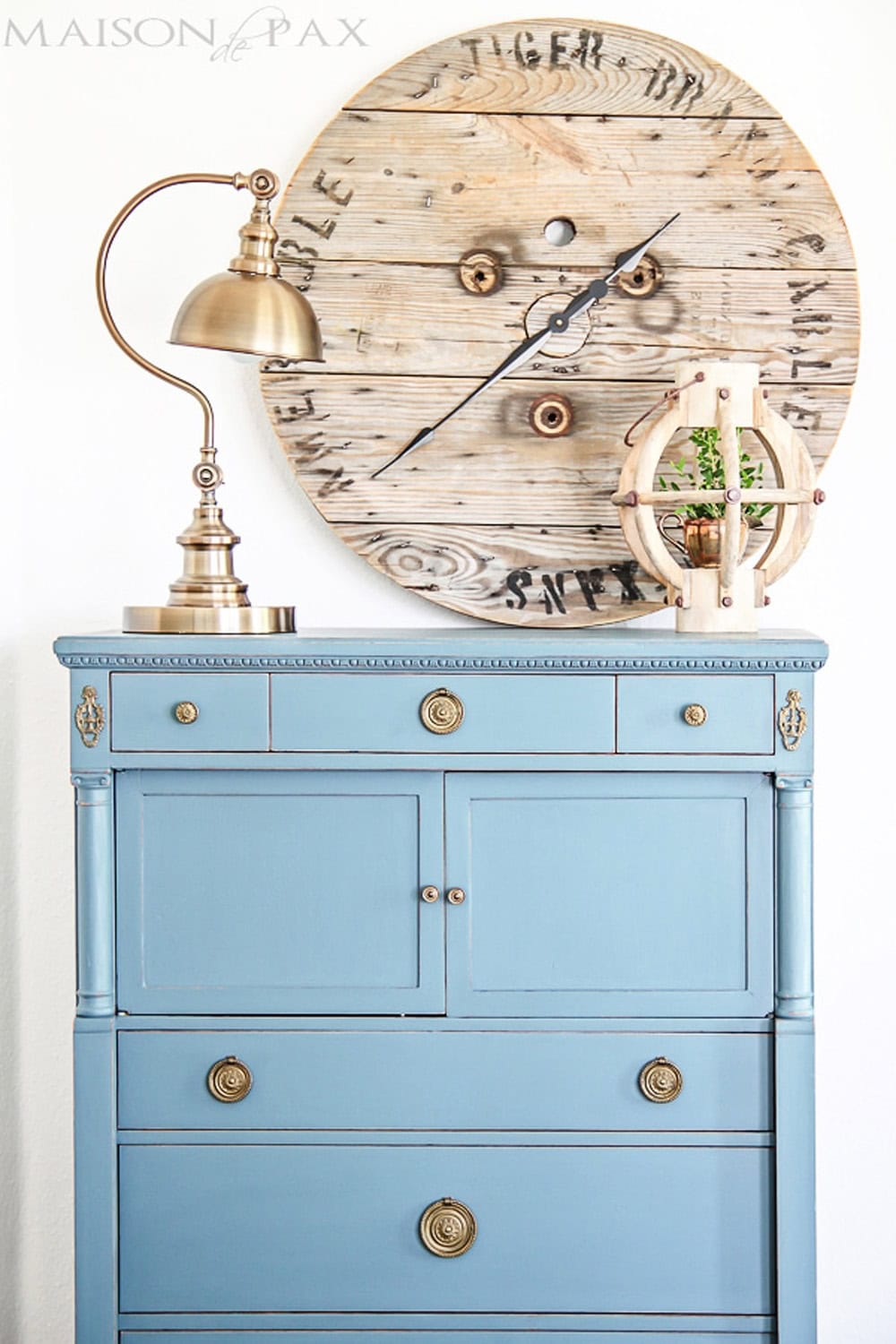 Blue Painted Vintage Dresser blue thrift store furniture makeover from The Cottage Market