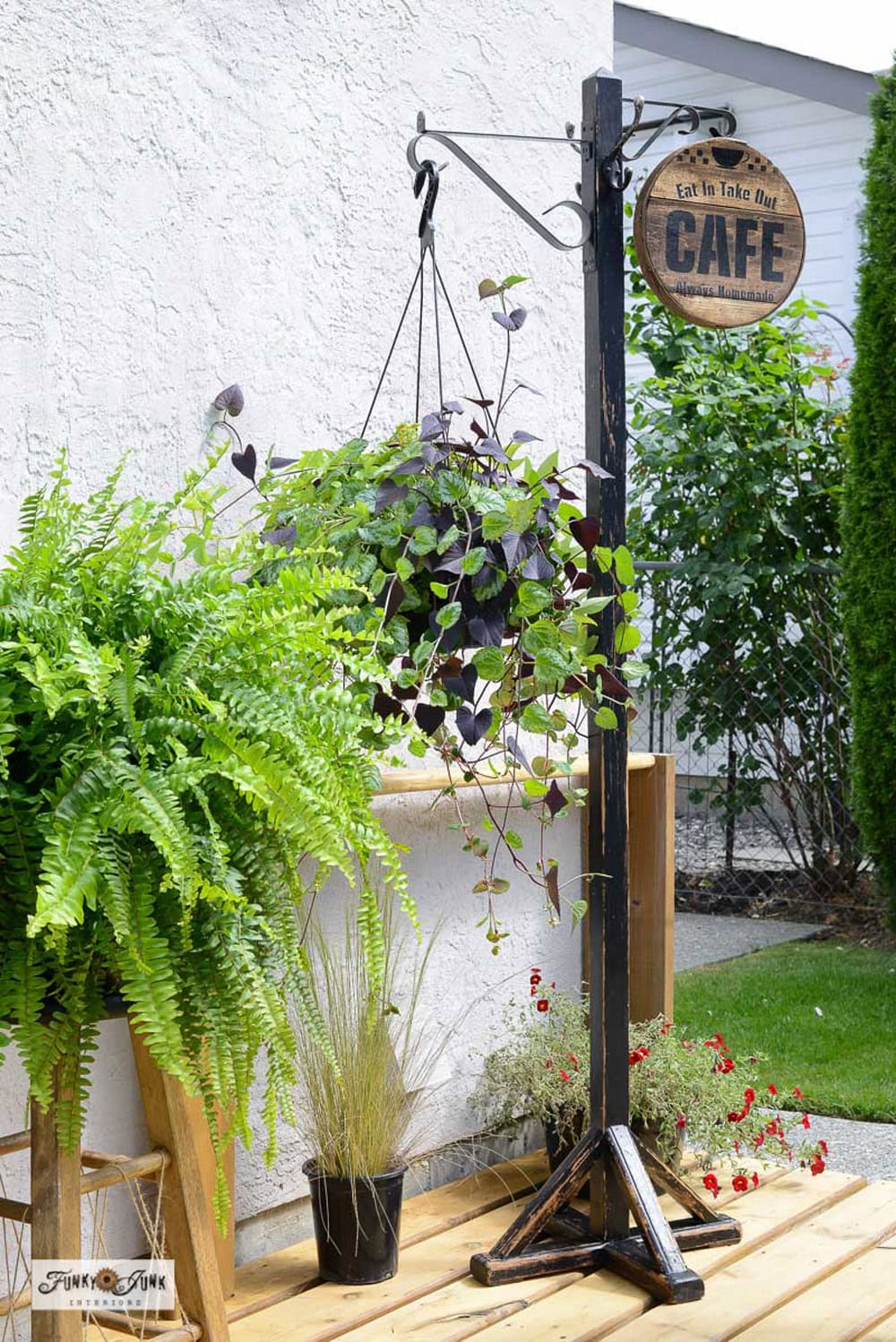 Old Coat Rack Turned Into a Hanging Plant Stand thrift store upcycle idea