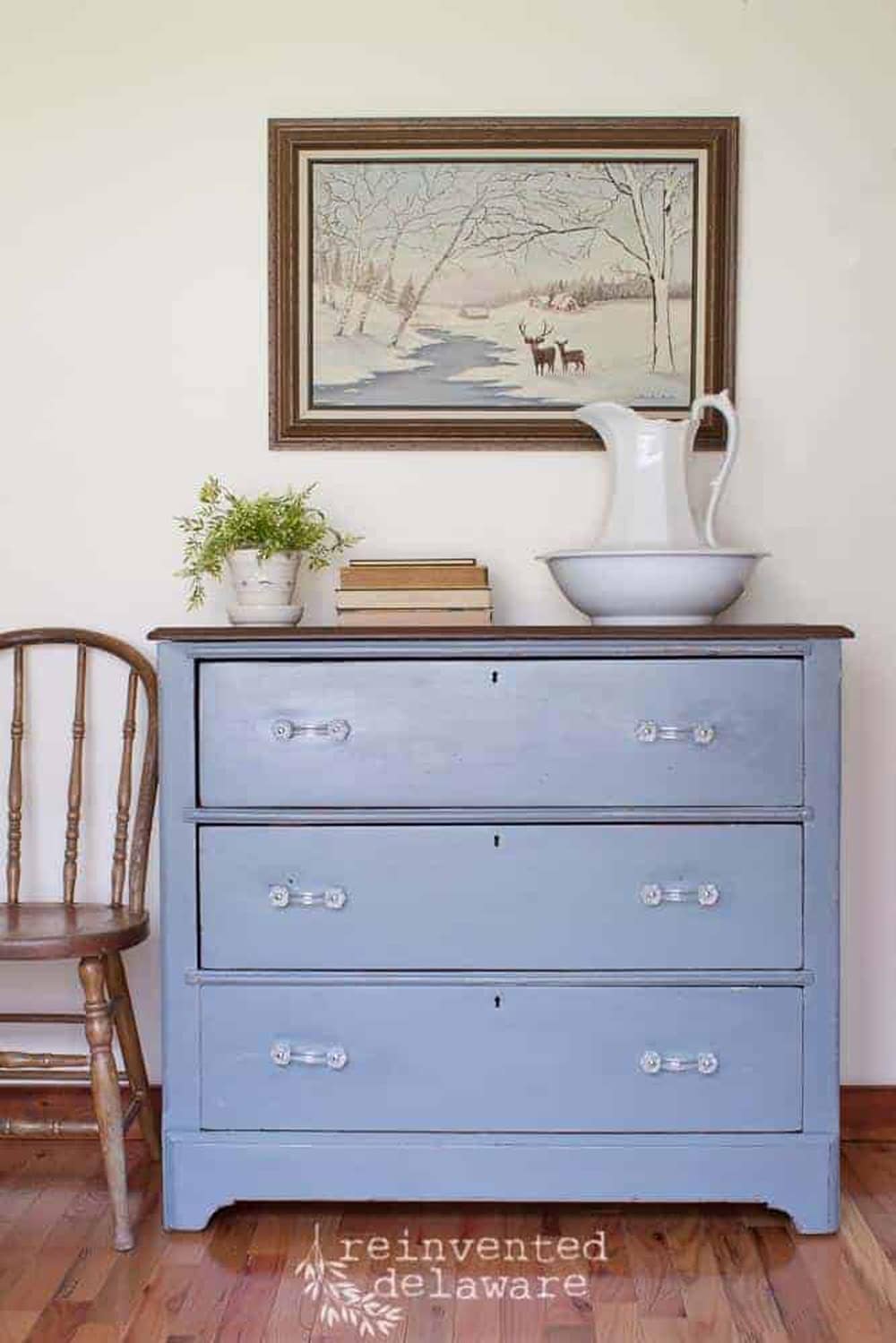 Soft Blue Gray Antique Dresser blue thrift store furniture makeover from The Cottage Market