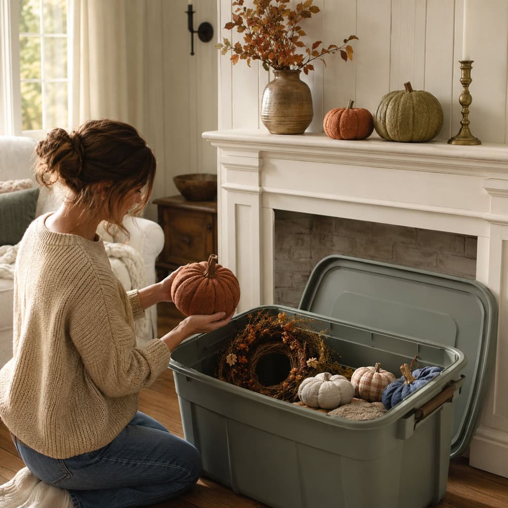 Fall and holiday decorations being edited for a calmer seasonal home