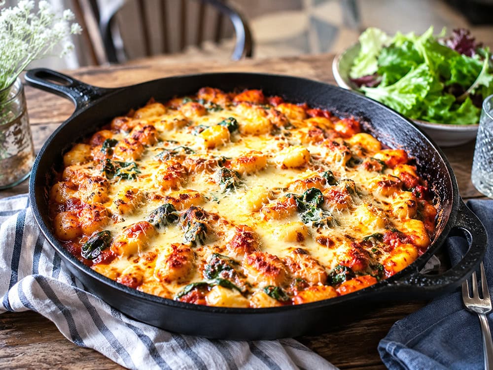 Crispy cheesy gnocchi marinara skillet with spinach made with ALDI ingredients