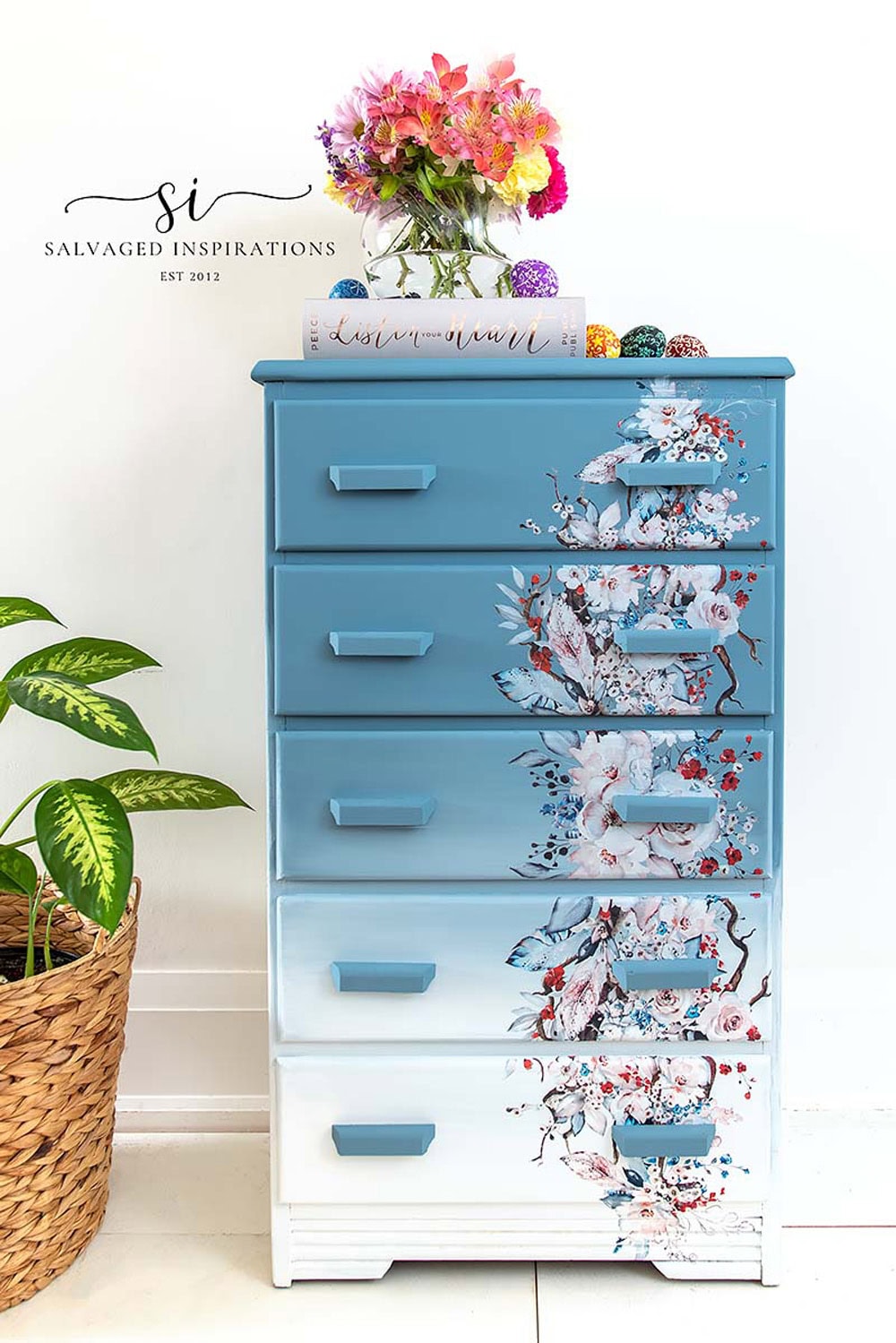 Bohemian Wedding Blue Dresser Makeover blue thrift store furniture makeover from The Cottage Market