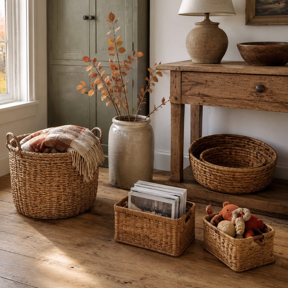 Baskets crocks and decorative containers arranged for practical cozy storage