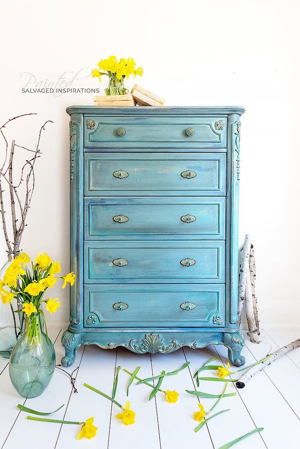 No Sand Blue Dresser with Glam blue thrift store furniture makeover from The Cottage Market