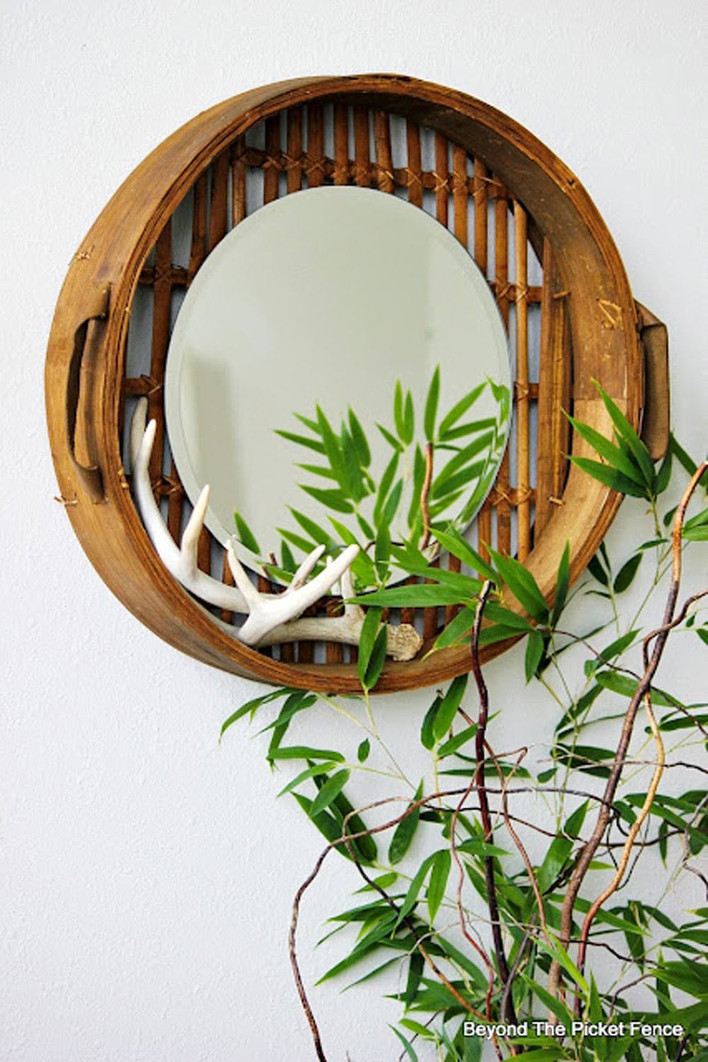 Bamboo Steamer Basket Turned Into a Mirror thrift store upcycle idea