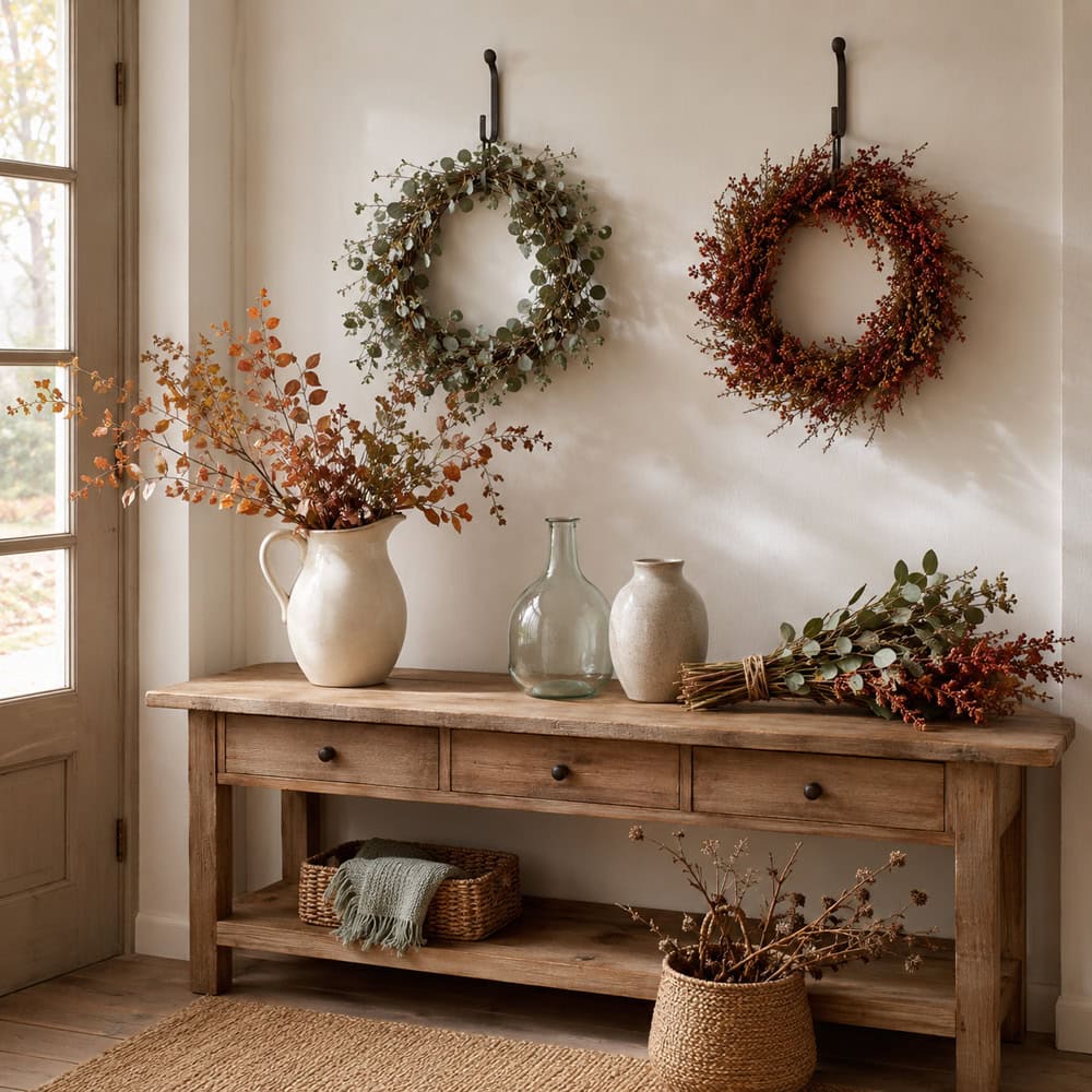 Vases pitchers wreaths and seasonal stems organized for easier decorating