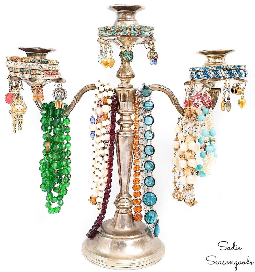 Silver Candelabra Turned Into a Jewelry Tree thrift store upcycle idea