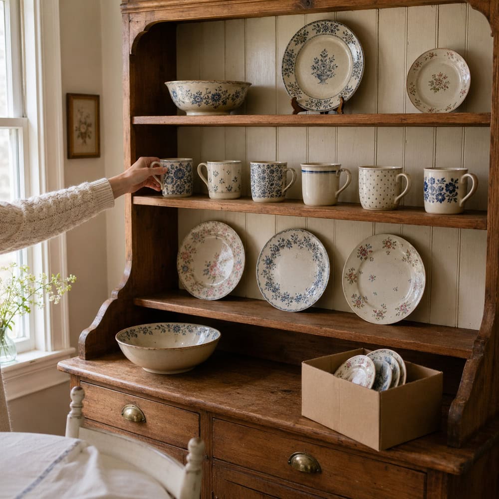Mugs serving pieces and pretty dishes edited for an organized collected kitchen