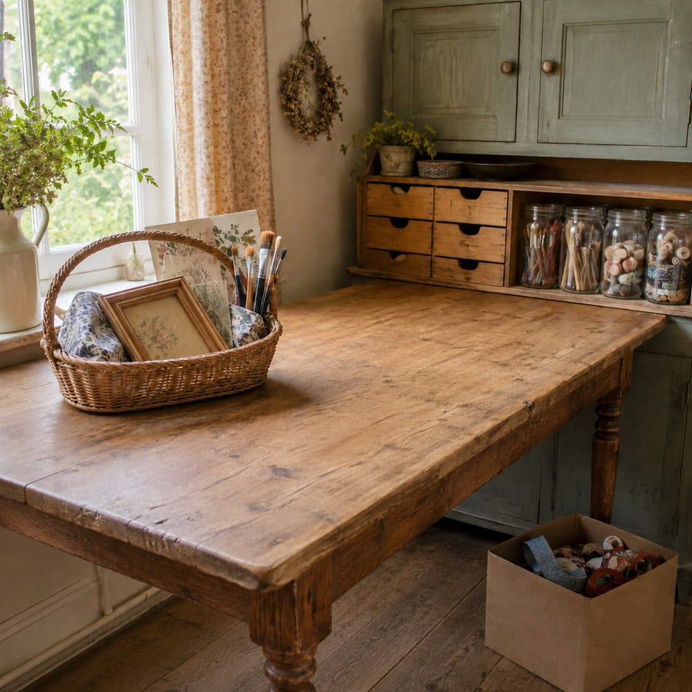 Craft supplies and unfinished thrift projects organized into a manageable project area