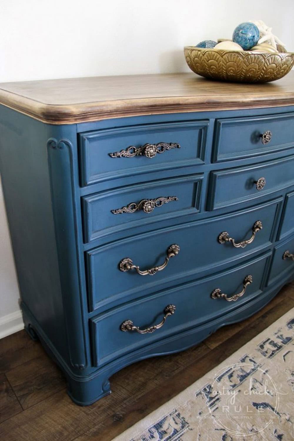 Aubusson Blue Chalk Paint Dresser blue thrift store furniture makeover from The Cottage Market