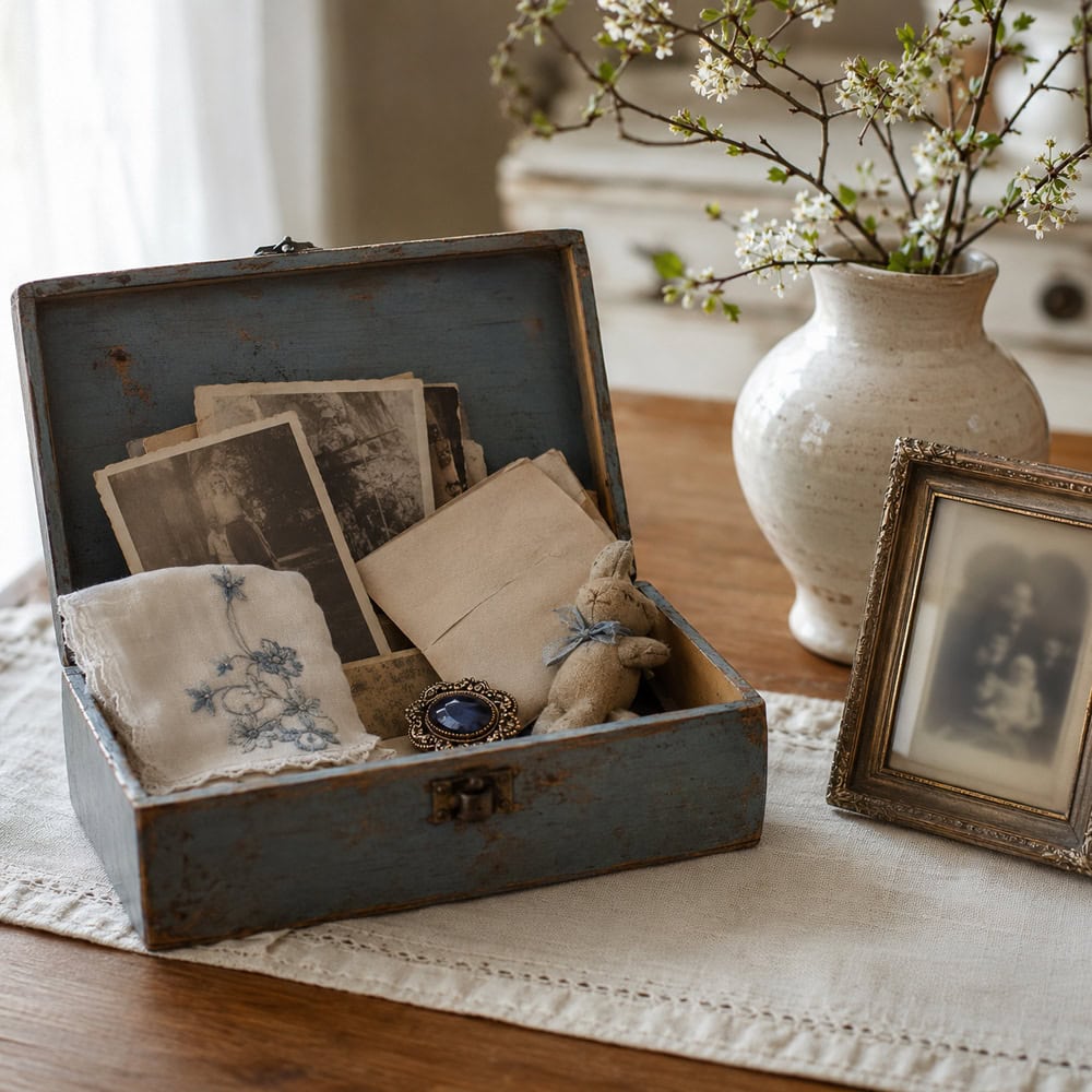 Sentimental decor and meaningful keepsakes thoughtfully organized in a cozy home