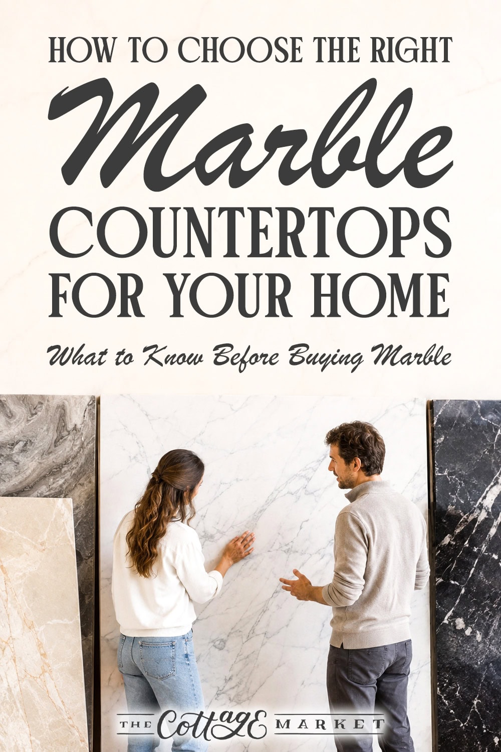 Pinterest image featuring marble countertop color veining finish cost and fabricator tips