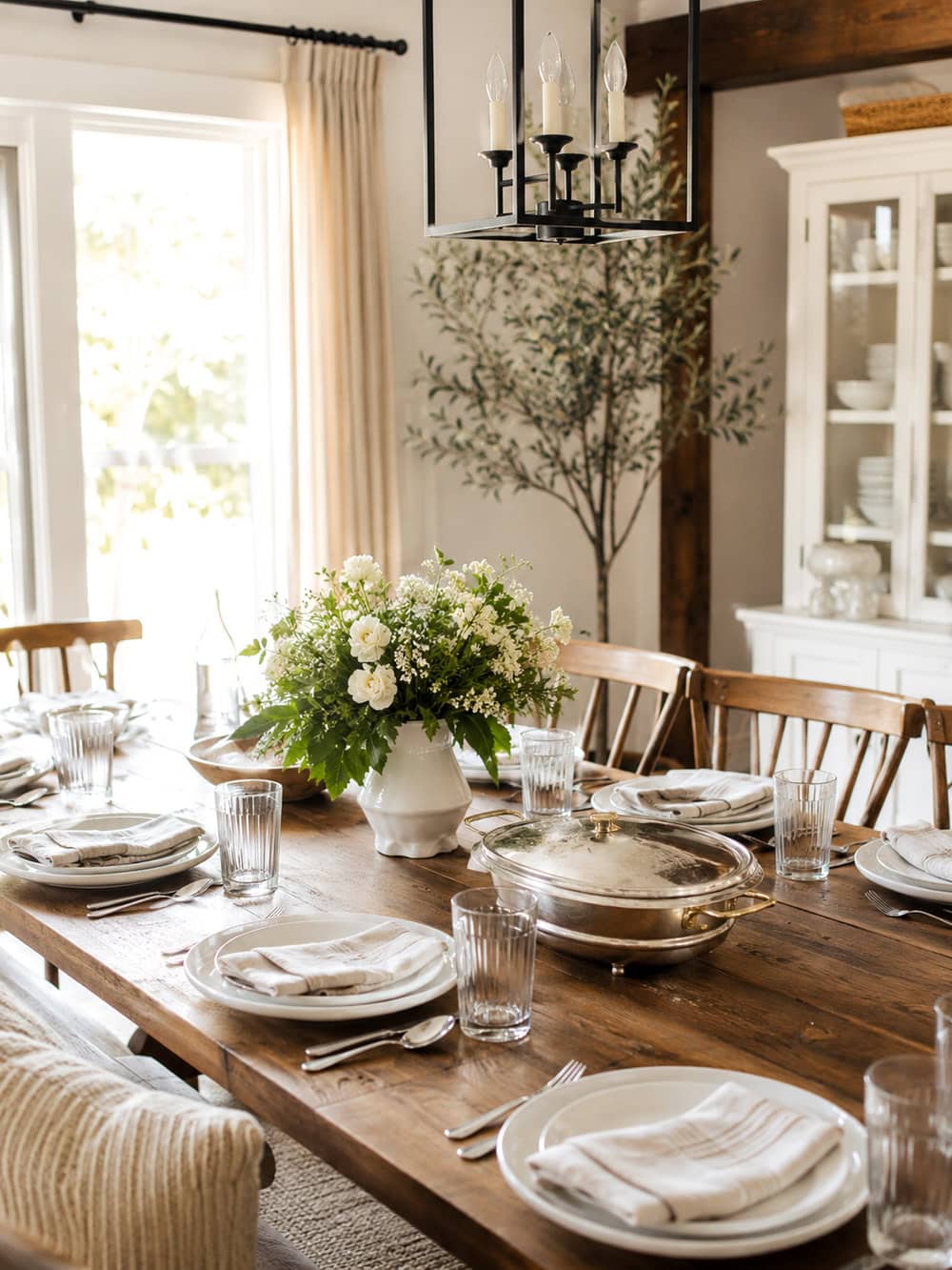 Table setting flowers and serving pieces prepared one to two days before a special event