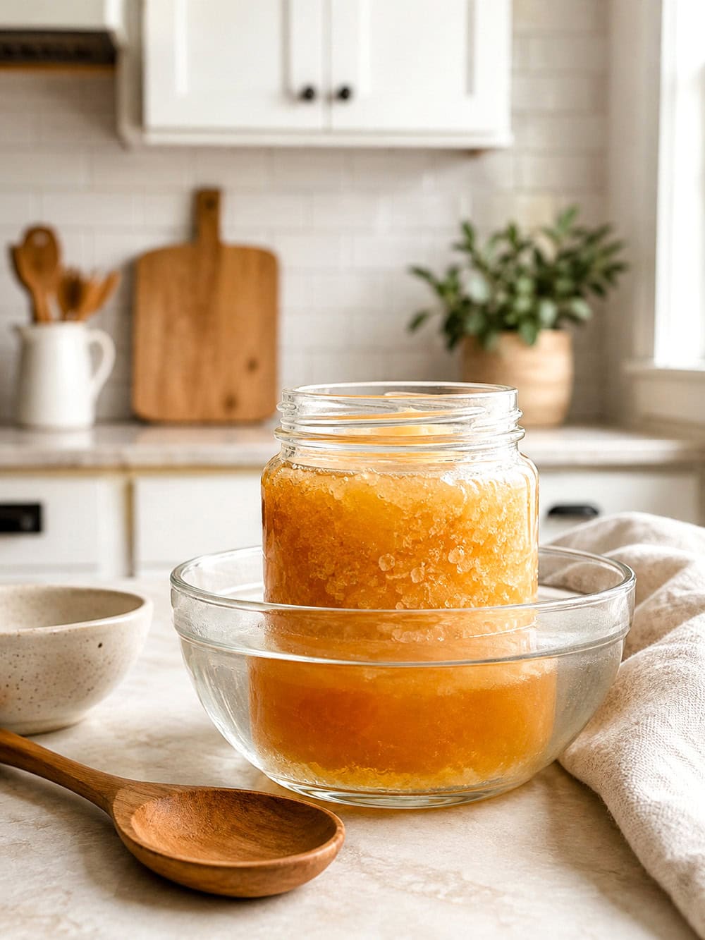 Crystallized honey being gently warmed to return it to a smooth liquid texture