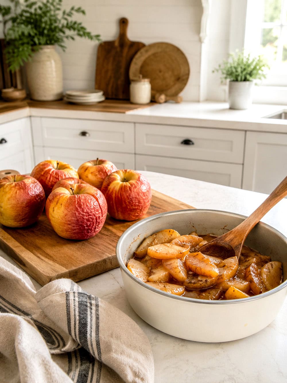 Wrinkled apples being turned into warm cinnamon apples instead of being thrown away