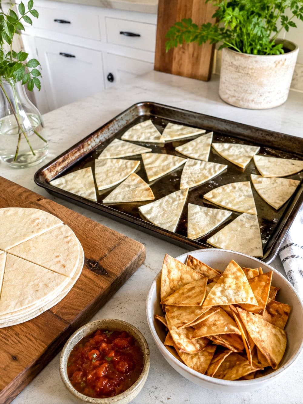 Dry tortillas baked into crisp homemade tortilla chips