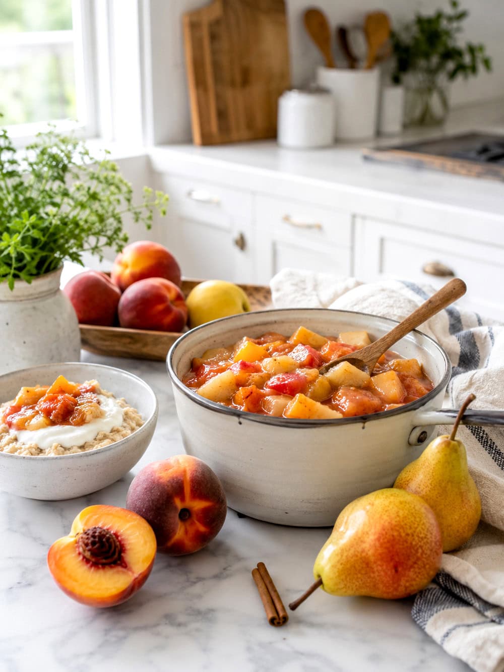 Overripe peaches and pears turned into an easy homemade fruit compote