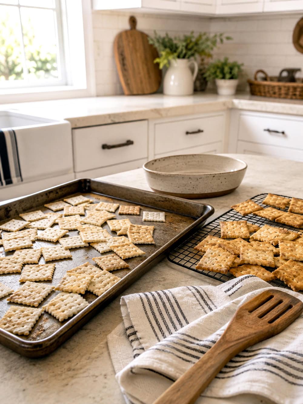 Stale crackers refreshed in the oven to bring back their crisp texture