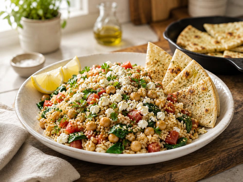 One pan Greek inspired chickpea spinach and feta rice with warm tortilla wedges made with ALDI ingredients