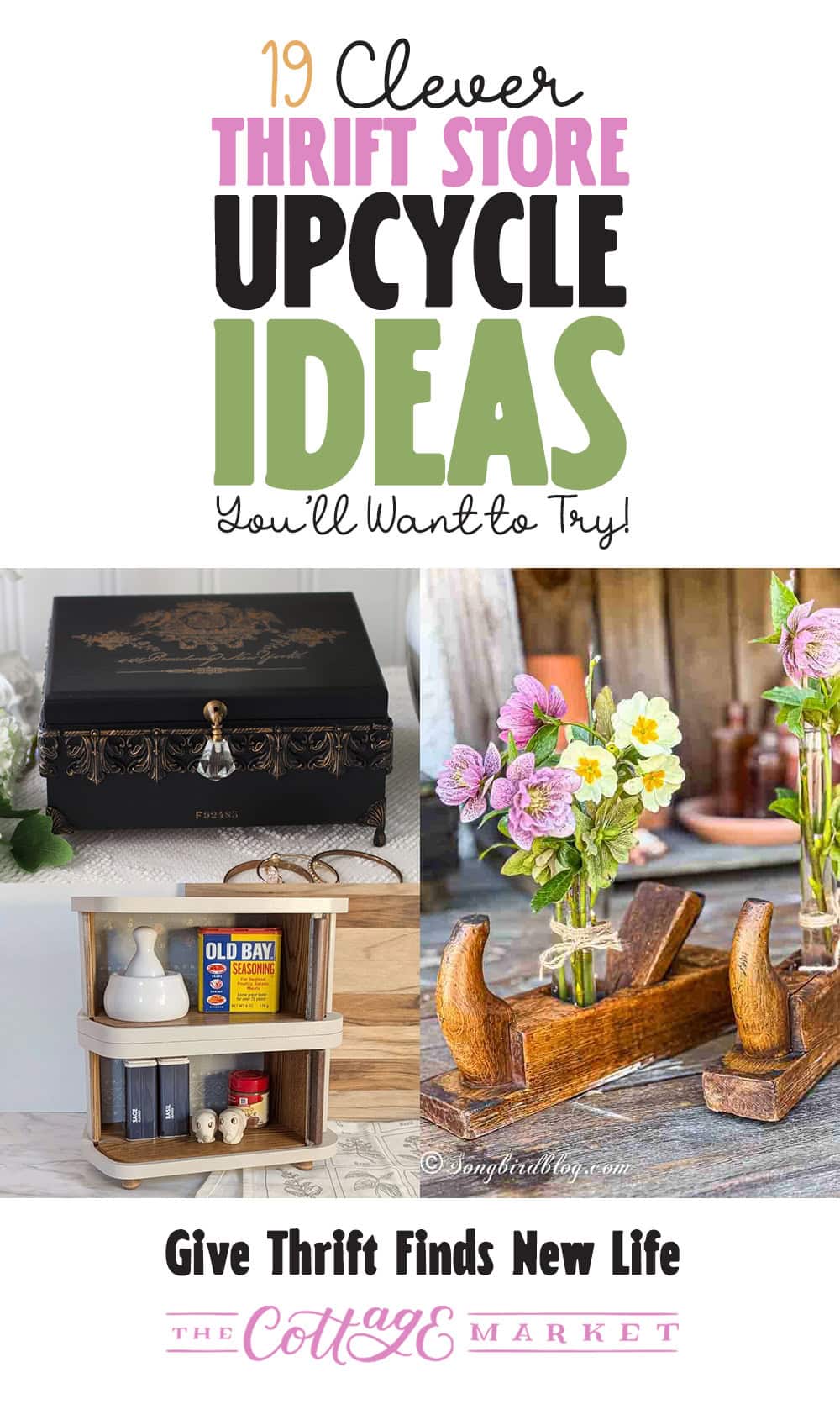 Thrift store makeover ideas Pinterest image from The Cottage Market