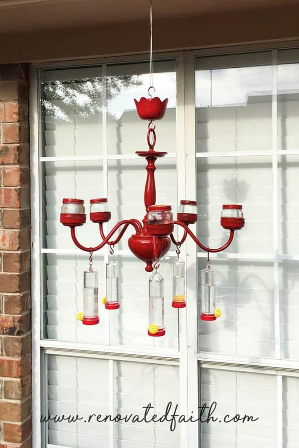 How to Make a Chandelier Hummingbird Feeder thrift store upcycle featured on The Cottage Market