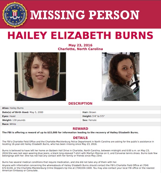 Charlotte FBI Offers 15,000 Reward To Help Find Missing Hailey Burns