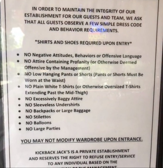 VA, NC "Kickback Jack’s" Restaurant Chain New Stringent Dress Code