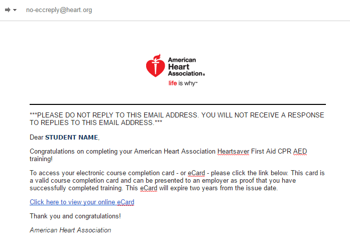 sampleahaecardemail The CPR Hero Training Center