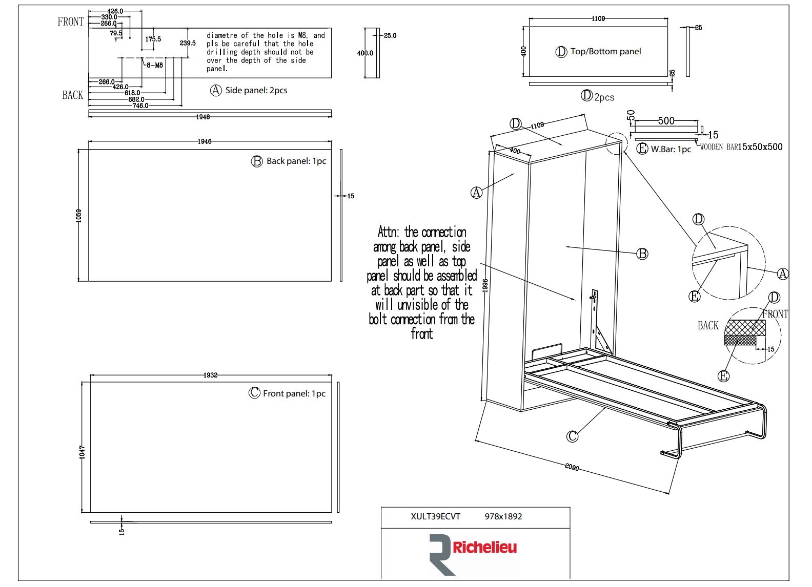 Vertical Wall Bed Mechanism with Pistons and Manual Unfolding Leg