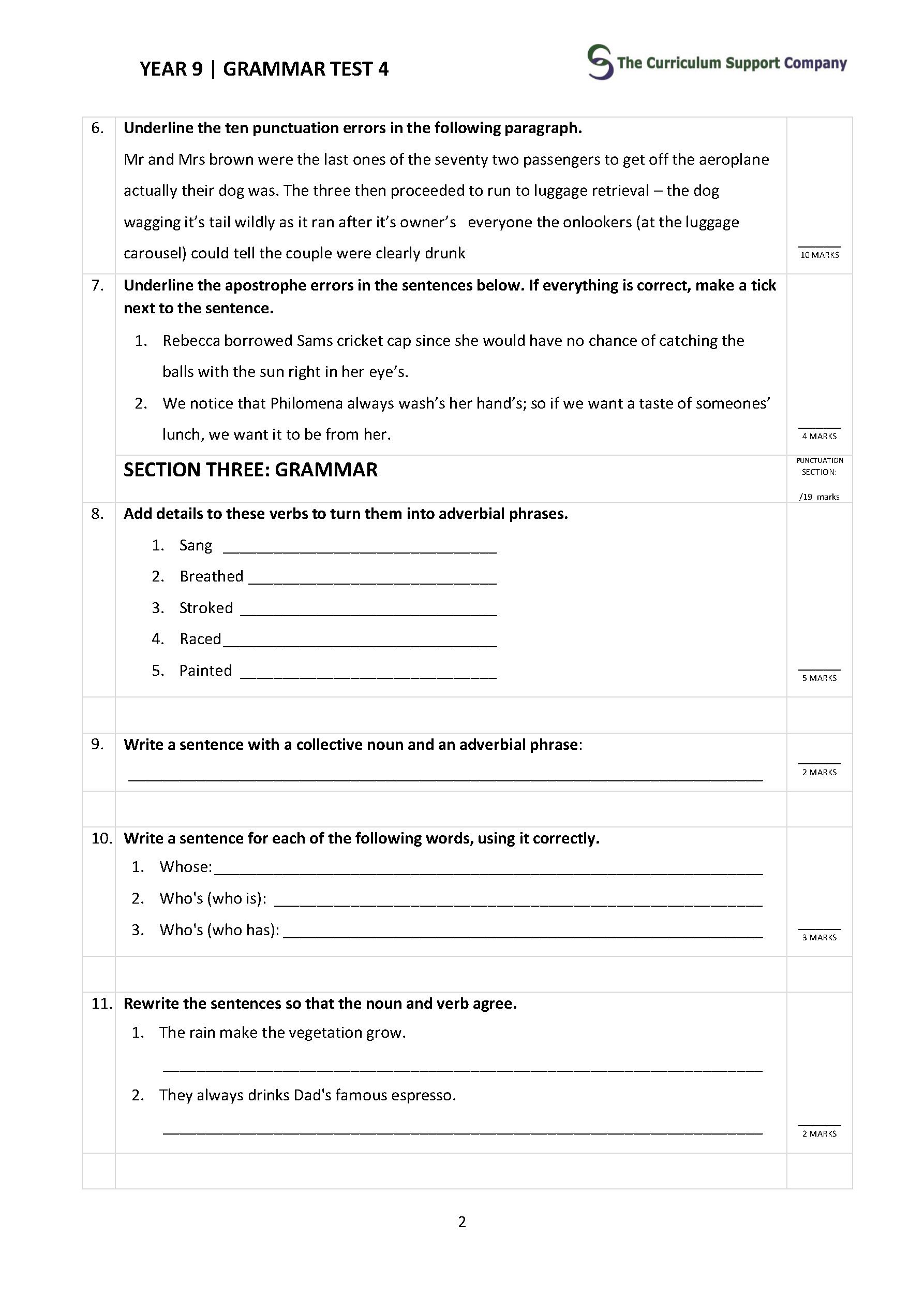 Year 9 Grammar Tests The Curriculum Support Company