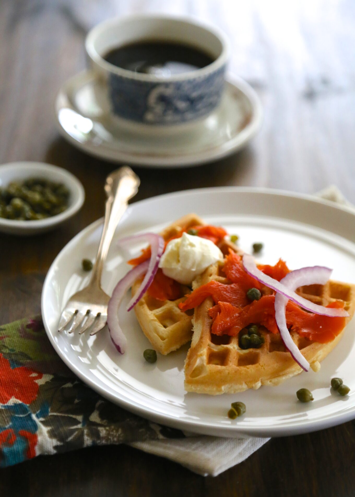 buttermilk waffles and lox with capers & creme fraiche