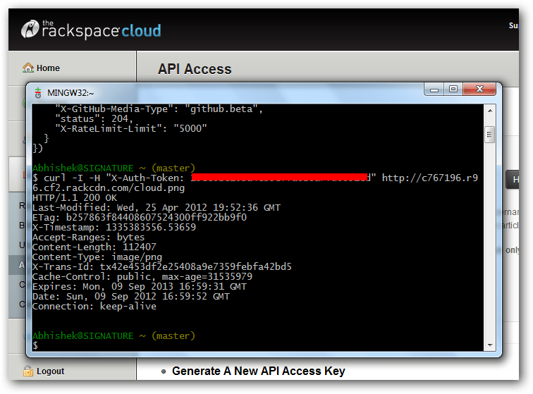 Rackspace Cloud Files Curl on Windows Using GitBash