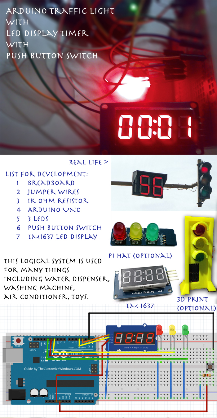 Arduino Traffic Light With LED Display Timer With Push Button Switch