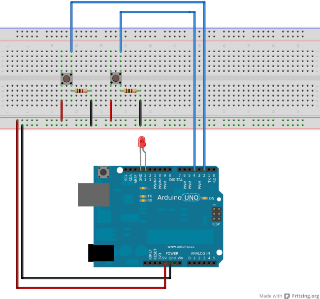 Arduino 2 Push Button One LED Switch On/Off