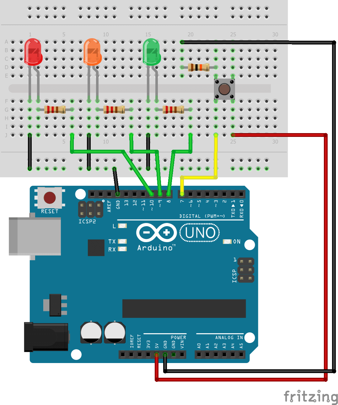 Arduino 3 LED and One Push Button